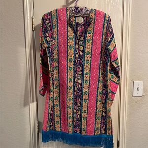 Colorful Bohemian 60s bell Sleeve vintage Dress with Fringe with hat